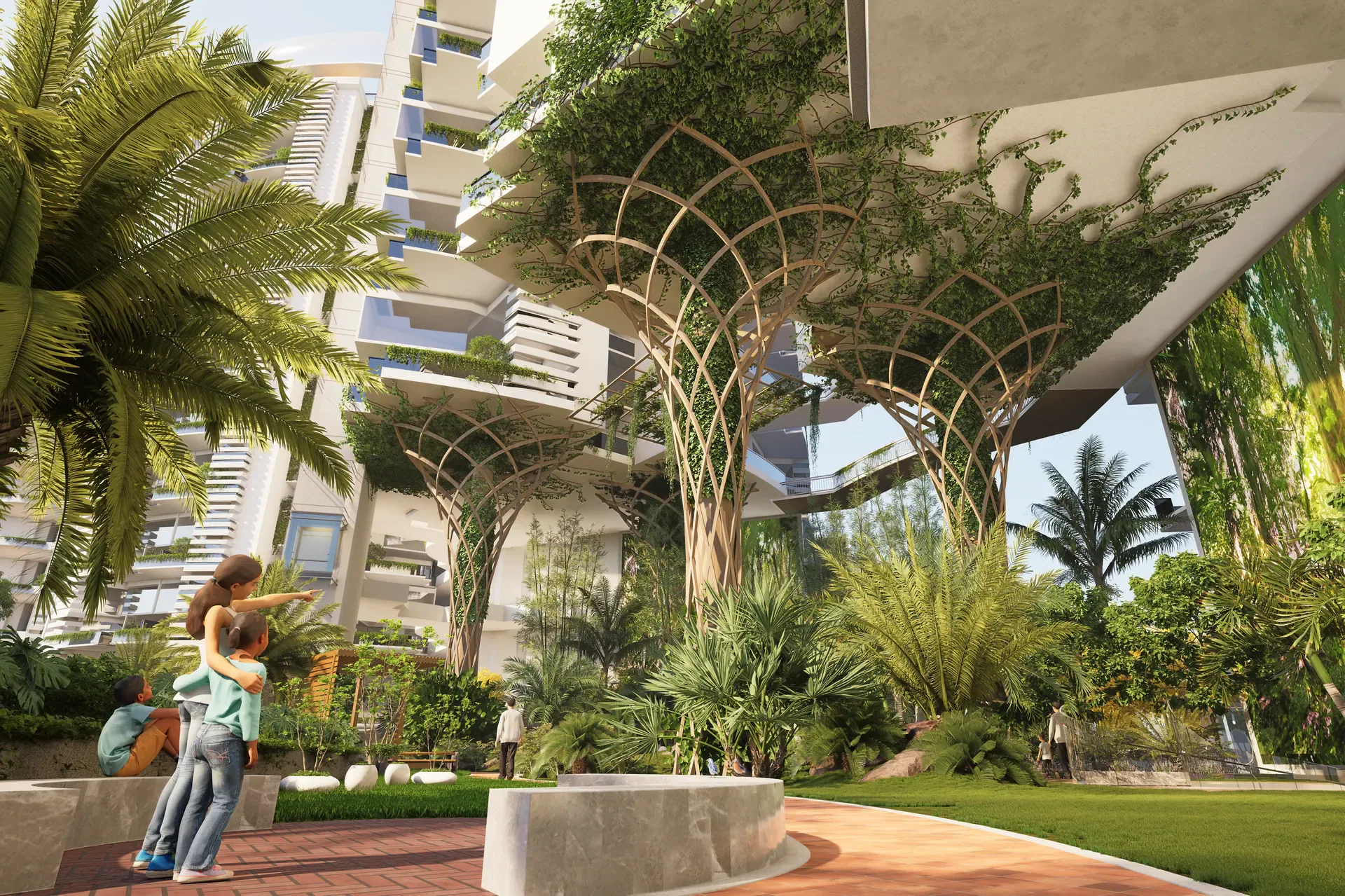 Planting carried up through the Sky Homes courtyard under its pergola
