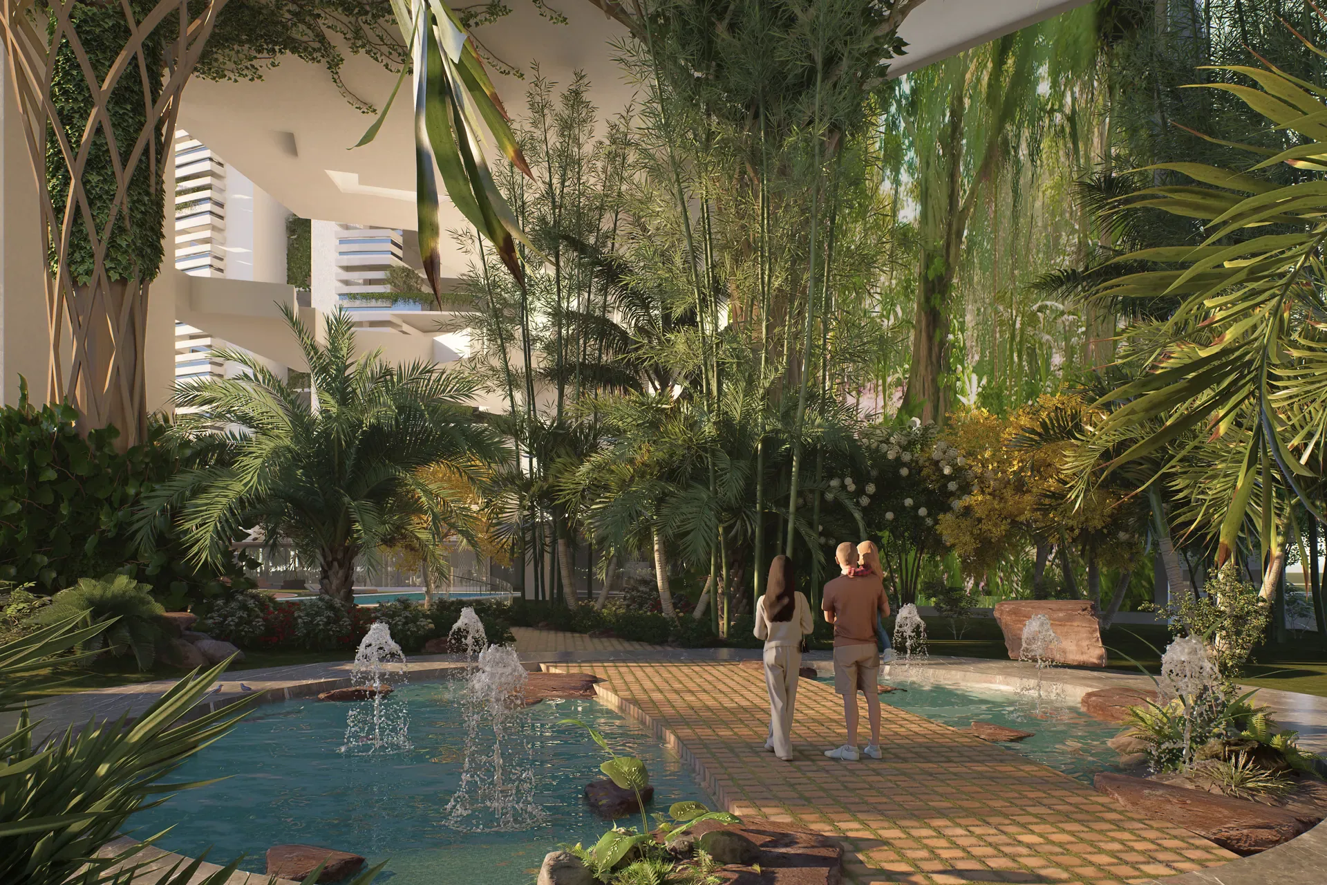 The Sky Homes podium garden, its water and planting held between the blocks